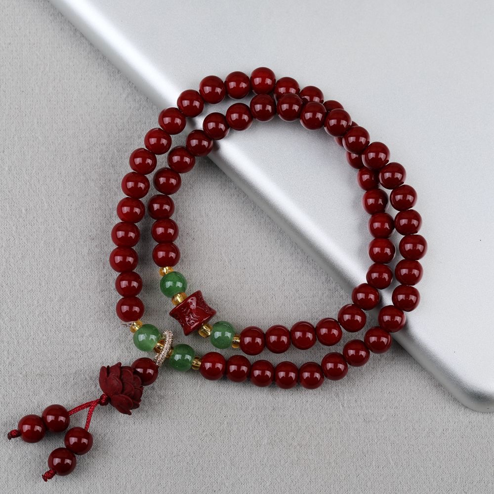 铜合金陶瓷手链 红色双层6MM手串新中式国风莲花吊坠手链-801