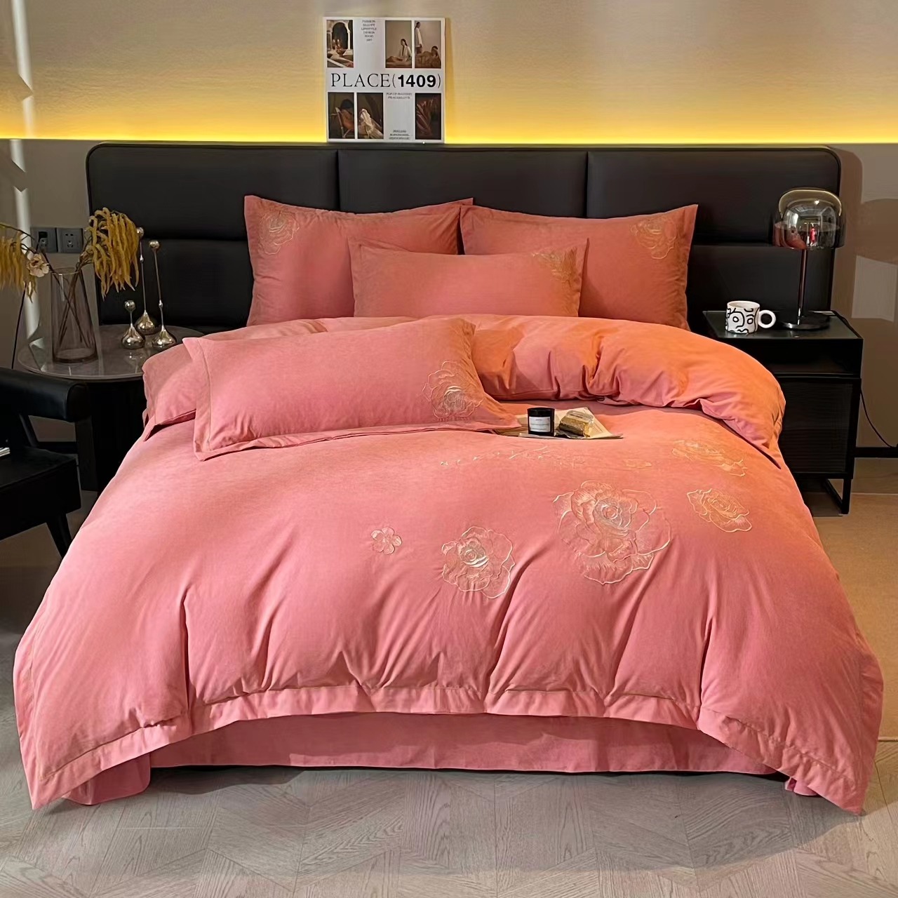 【四季玫瑰粉】轻奢高档原棉斜纹棉四件套被套时尚绣花纯色床单