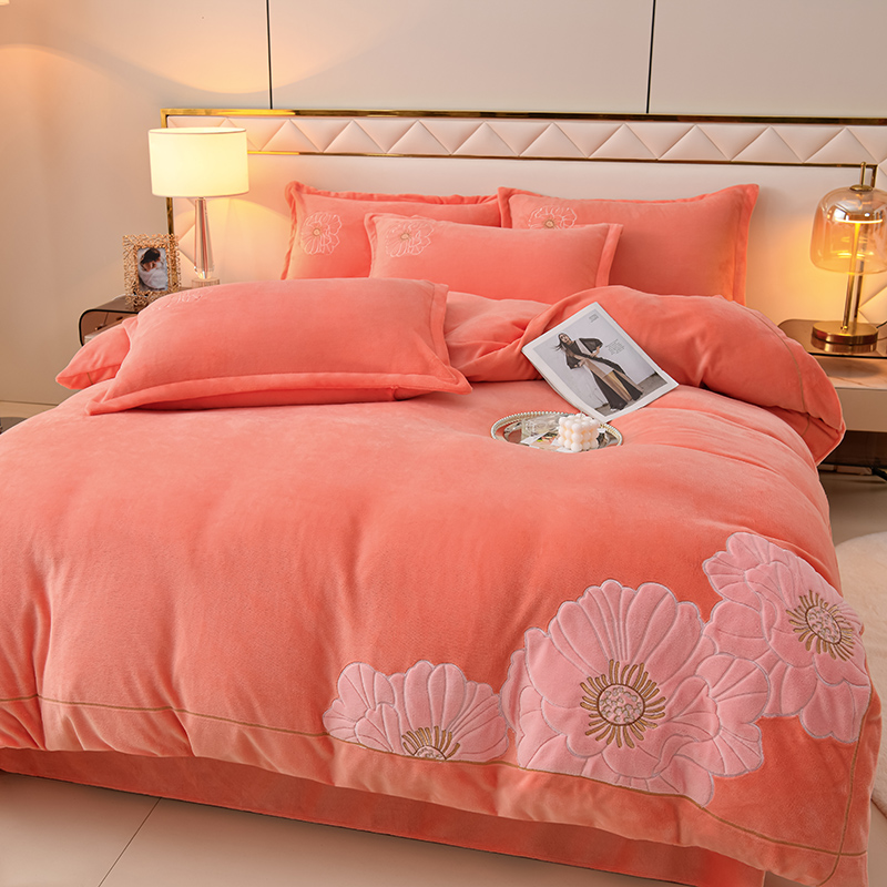【绽放橙】加厚双面绒贴布绣花四件套牛奶绒被套柔软被罩床单