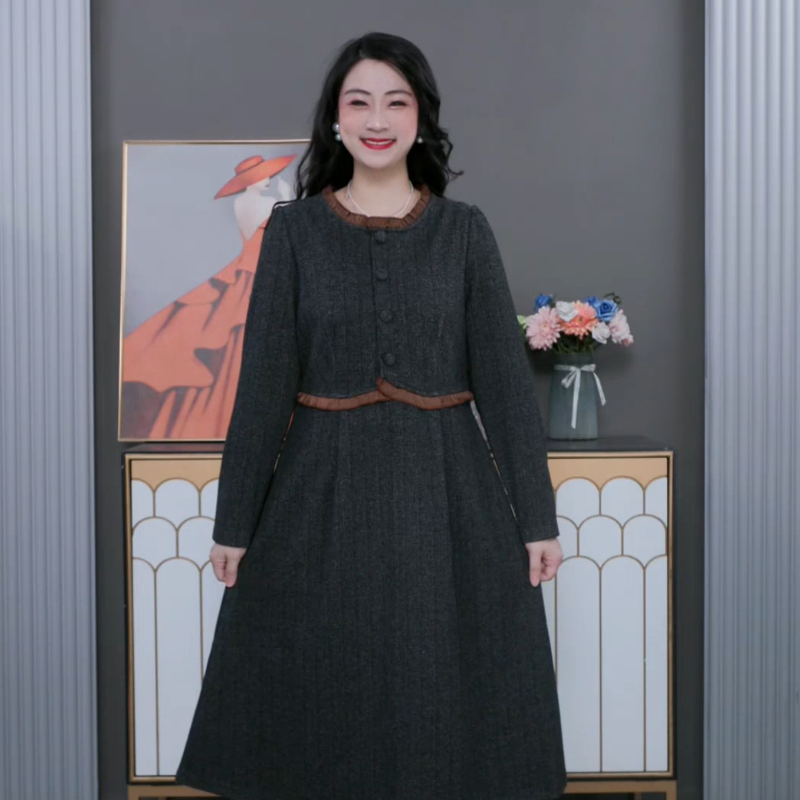 木棉林大码女装冬季新款宽松假两件遮肉显瘦中长款连衣裙231098