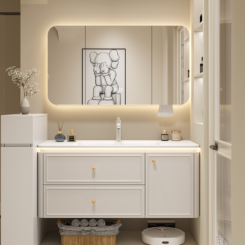 【工厂直发】法式奶油风浴室柜组合岩板热弯一体盆卫生间卫浴套装