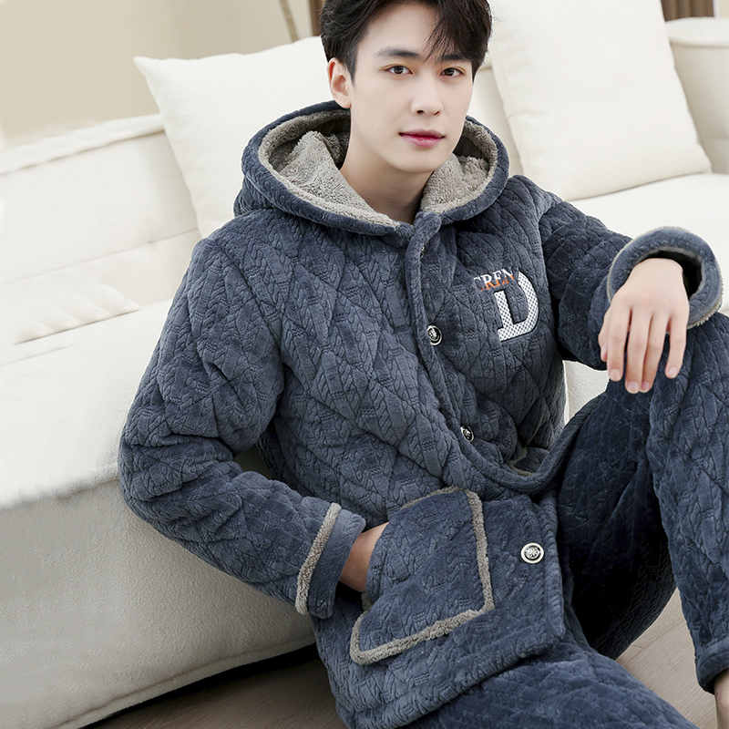 三层夹棉睡衣男冬季超厚加厚加绒珊瑚绒保暖男士高颜值可外出睡衣