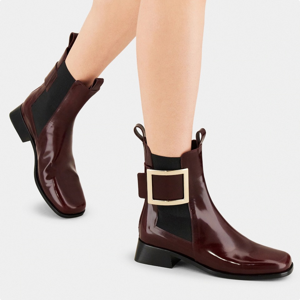 全新未使用 Roger Vivier/罗杰·维威耶 经典漆皮面方扣棕短靴37码