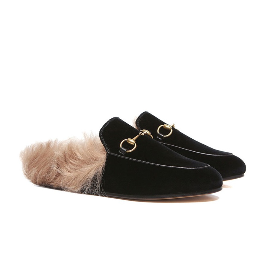 未使用 GUCCI/古驰 马衔扣时尚百搭天鹅绒平底女士单鞋毛拖鞋黑色