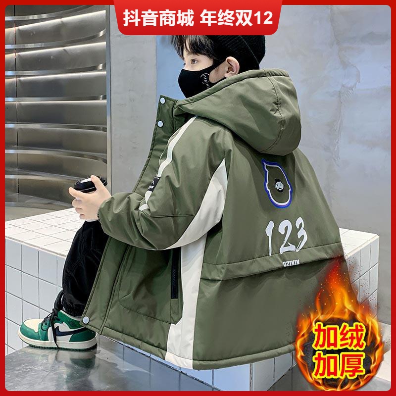 安踏流行儿童装男童加绒外套秋冬款2023新款加厚派克服大童冲锋衣
