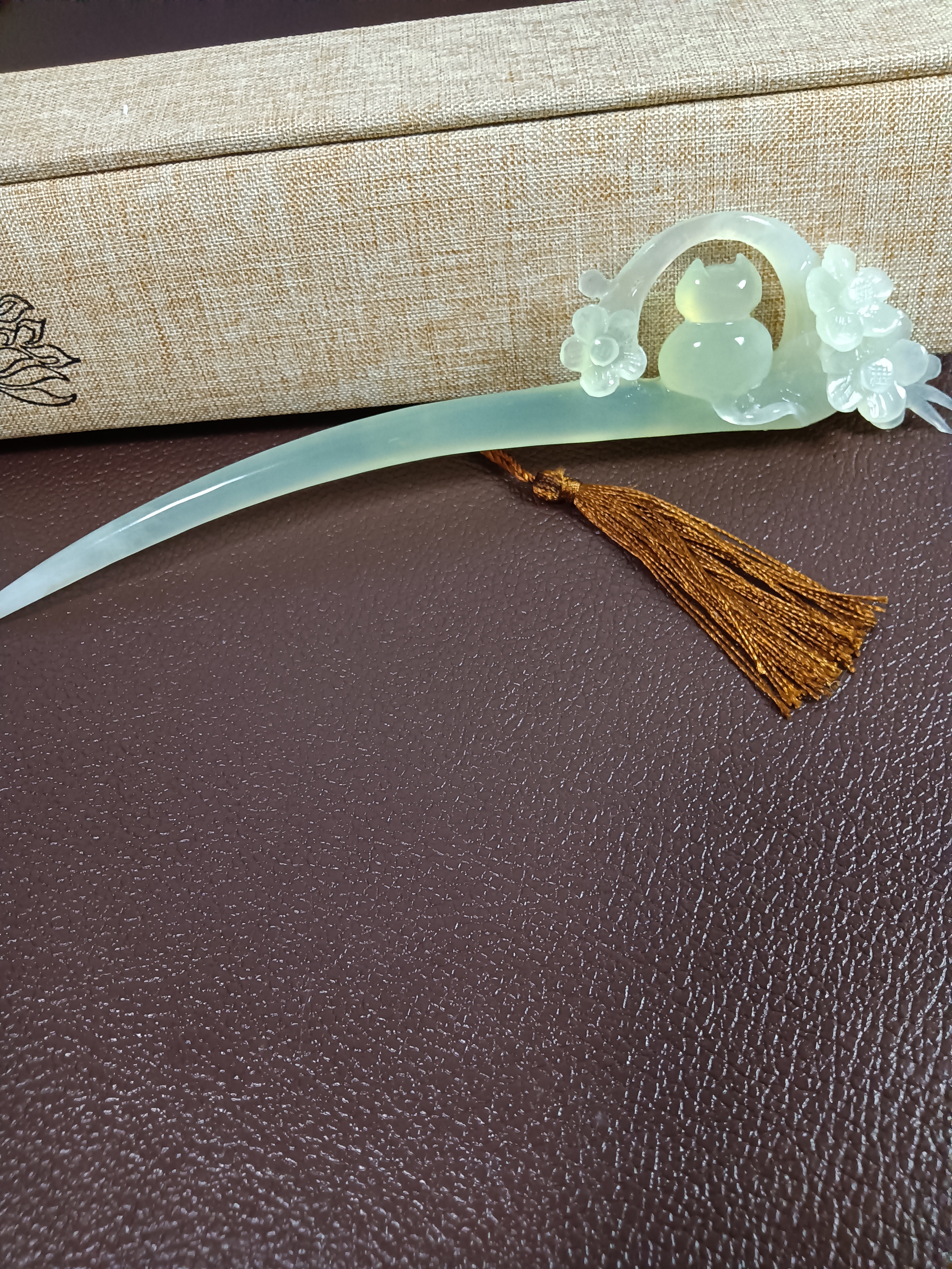 岫玉发簪手工雕刻，桂花猫古风简约款