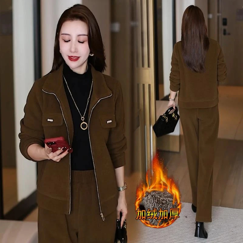 冬季加绒加厚套装女2025新款外穿时尚中年妈妈短外套阔腿裤两件套