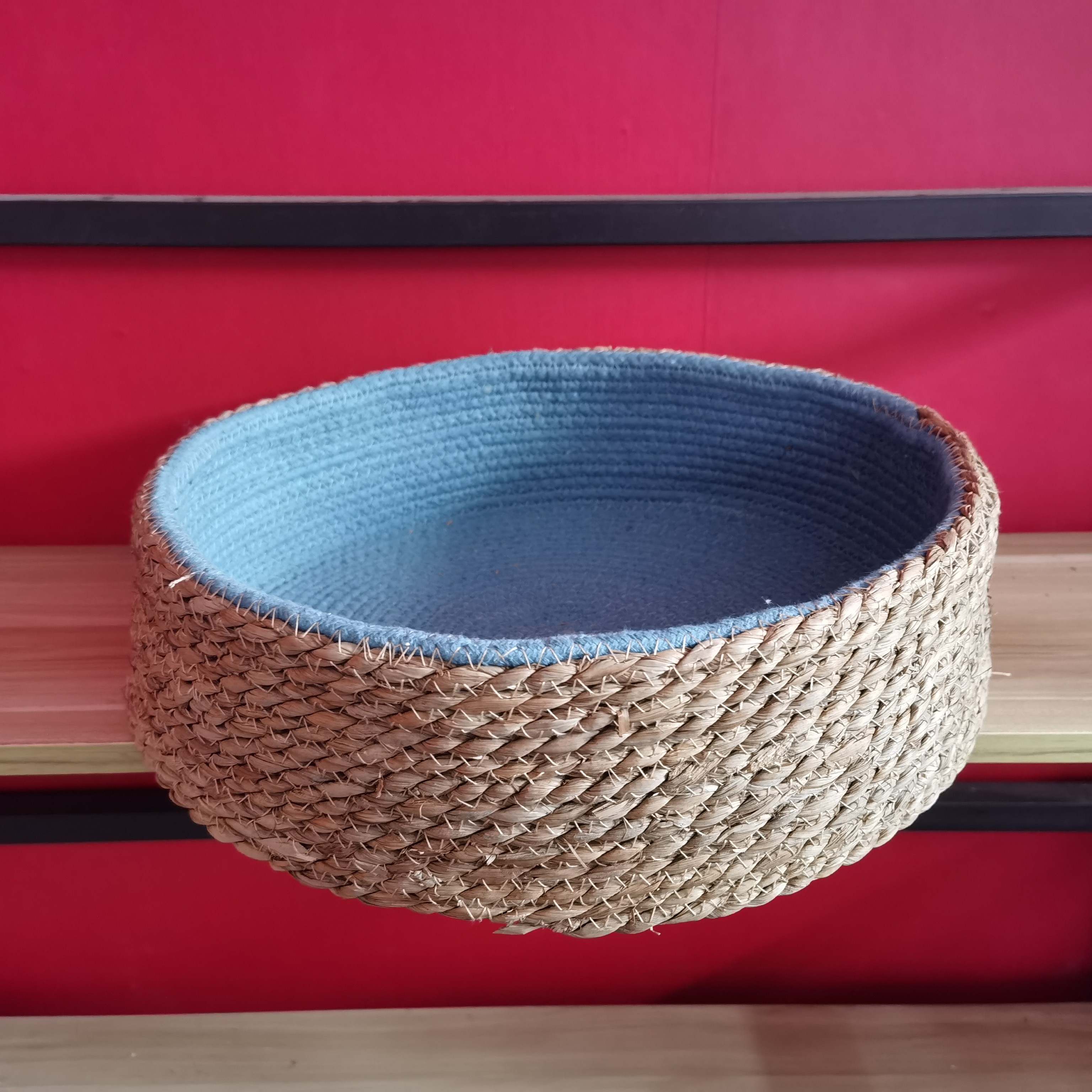 蒲草蓝底布猫窝狗窝，直径40cm