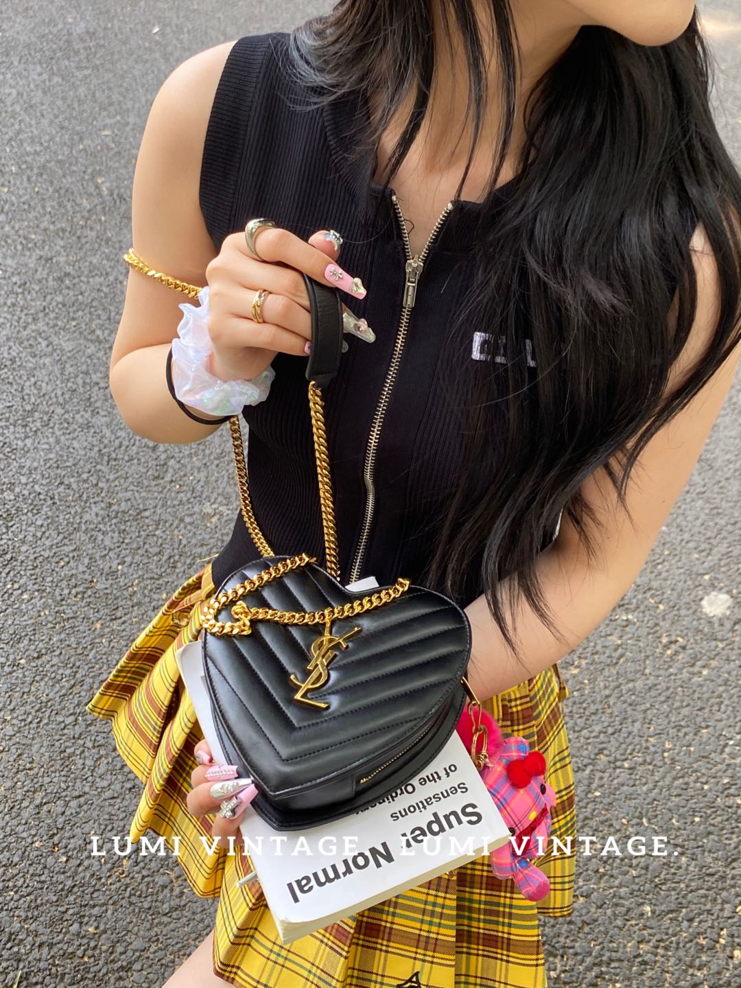 95新 YSL/圣罗兰 黑金牛皮爱心新挎包13165096