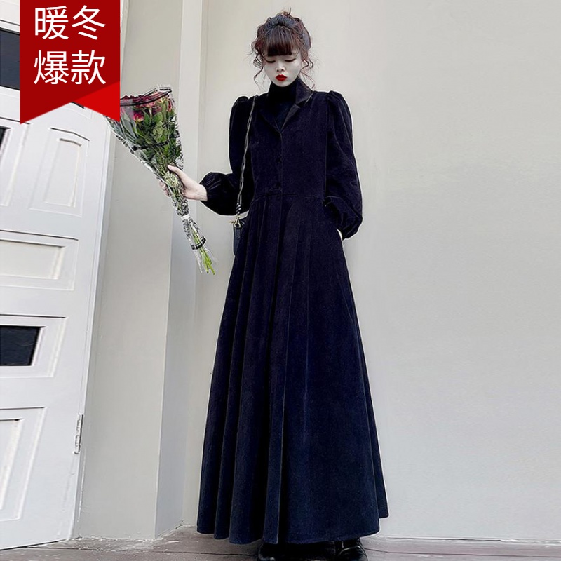 法式复古灯芯绒设计感长款及踝高腰显瘦连衣裙2023新款高级感长裙