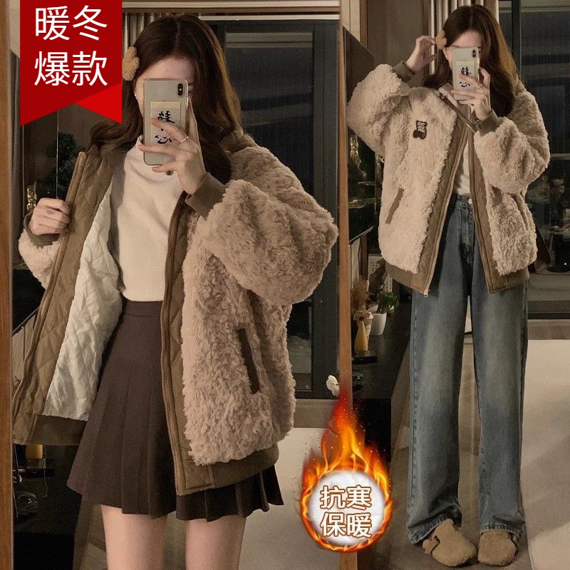 复古美拉德爆款棉衣棉服女冬款假两件拼接加绒加厚连帽羊羔毛外套