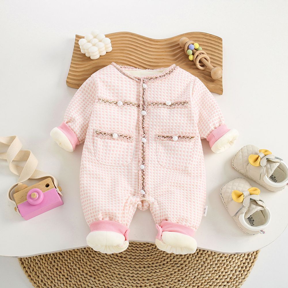 女宝宝衣服秋冬季加棉中厚连体衣婴幼儿超萌百天公主小香风哈衣VV