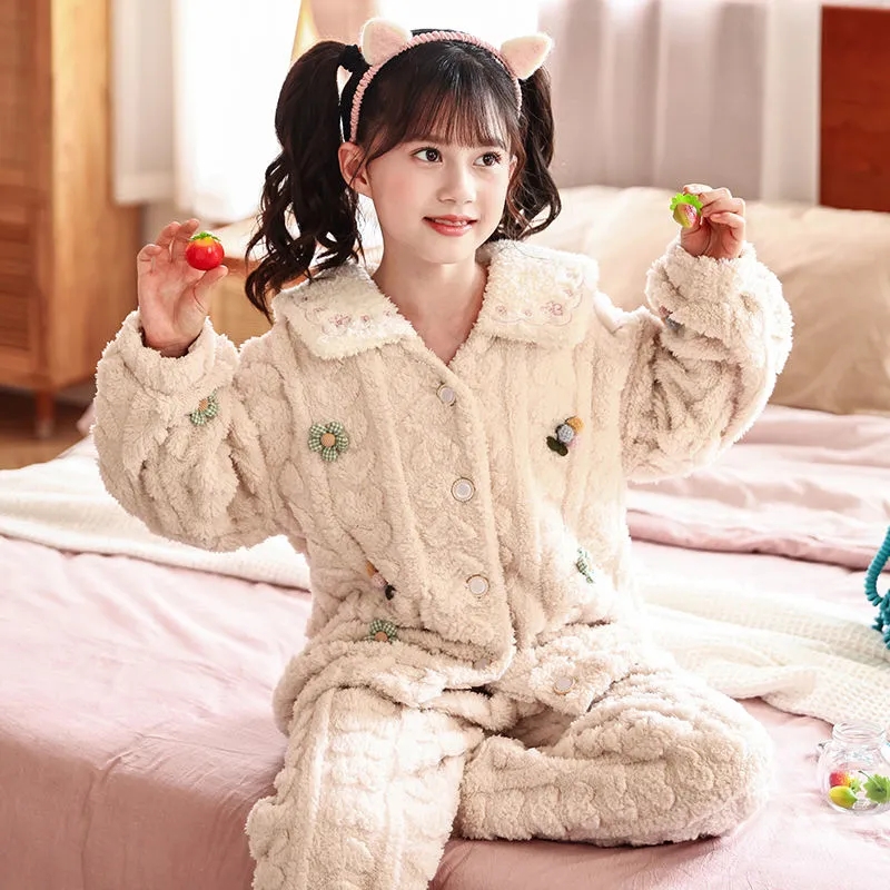 儿童睡衣女童秋冬法兰绒珊瑚绒加厚款中大童小女孩宝宝家居服套装