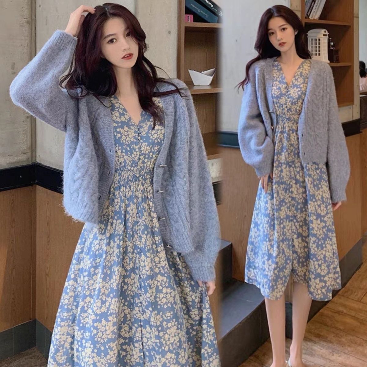 大码胖mm温柔风套装裙女春秋毛衣外套+雪纺碎花连衣裙两件套200斤