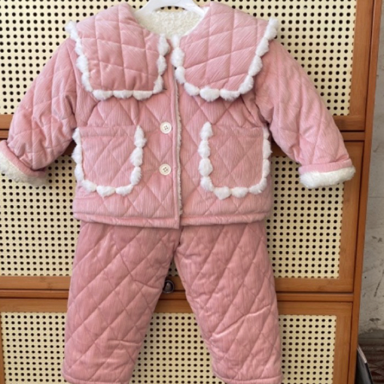 冬款女童三层加厚加绒睡衣儿童时尚套装可爱粉色大翻领宝宝家居服