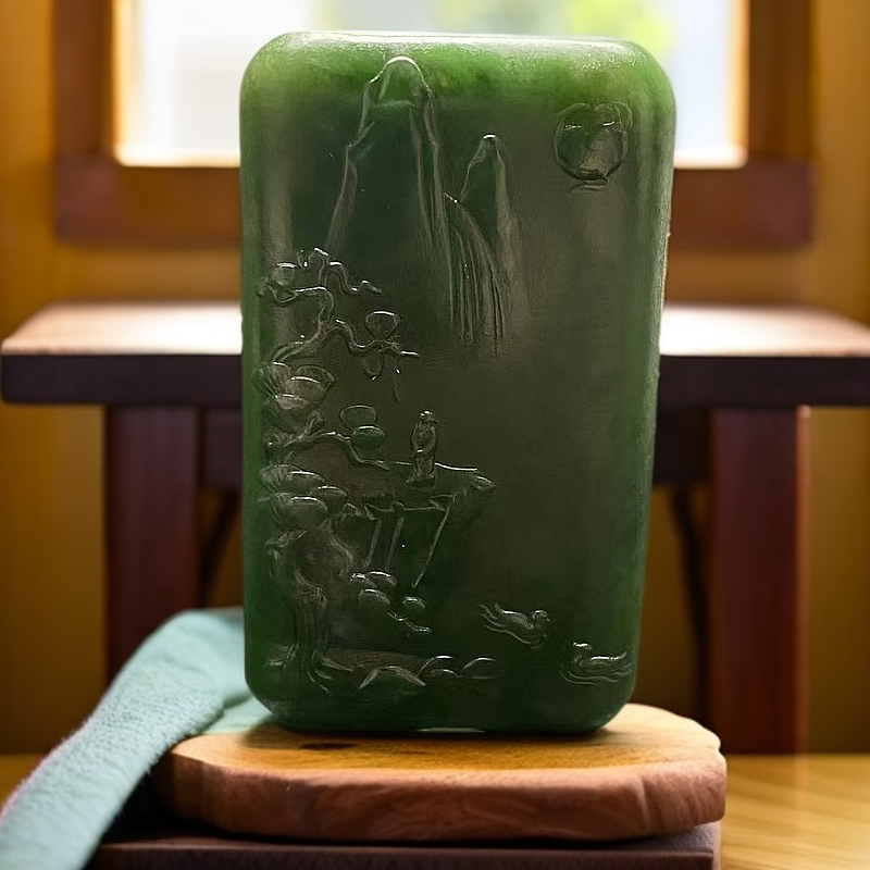 【迈越珠宝】天然和田玉碧玉菠菜绿山水无事牌吊坠精美雕刻山水吊坠