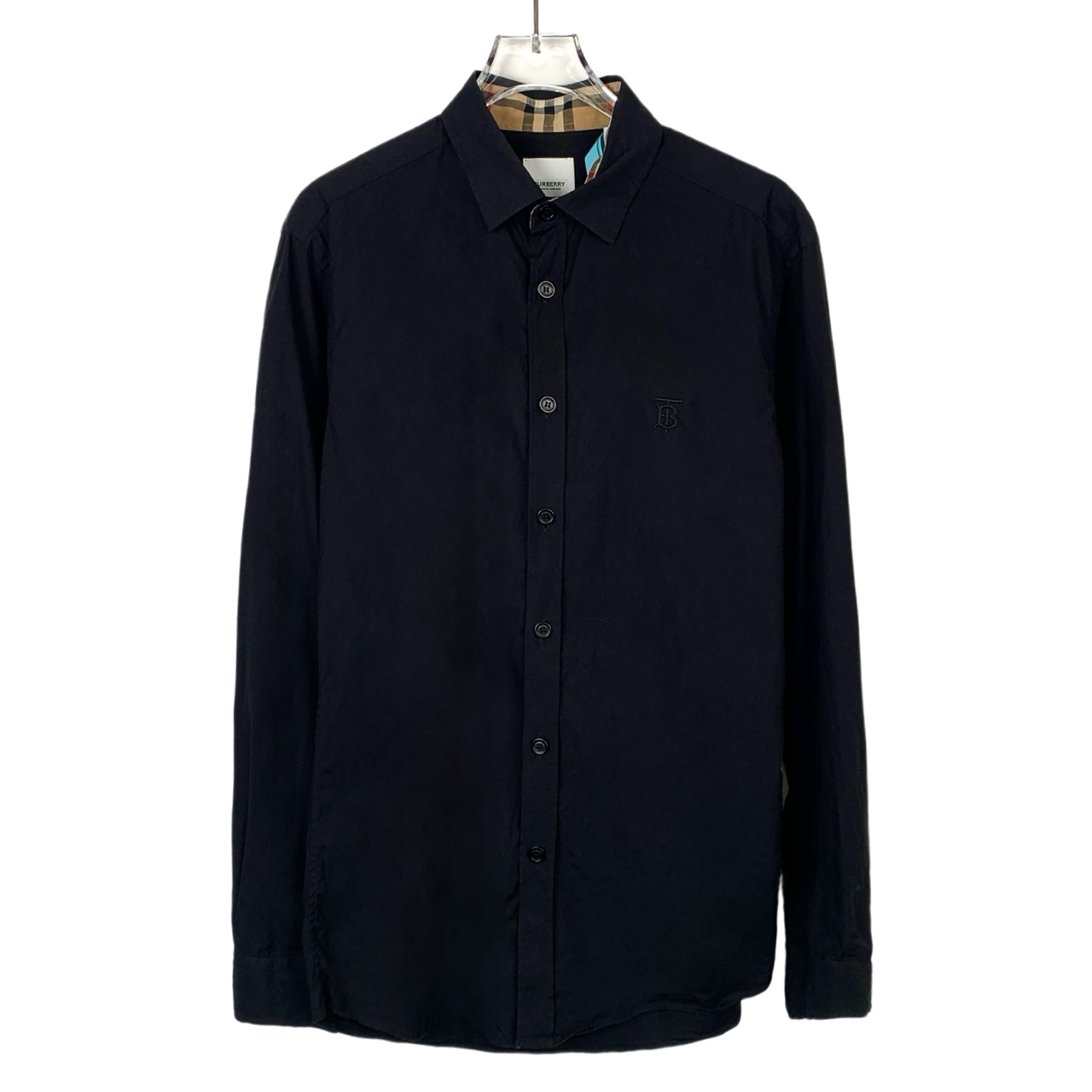 95新 BURBERRY/博柏利 015301 领口格纹拼接黑色翻领长袖衬衫 S码
