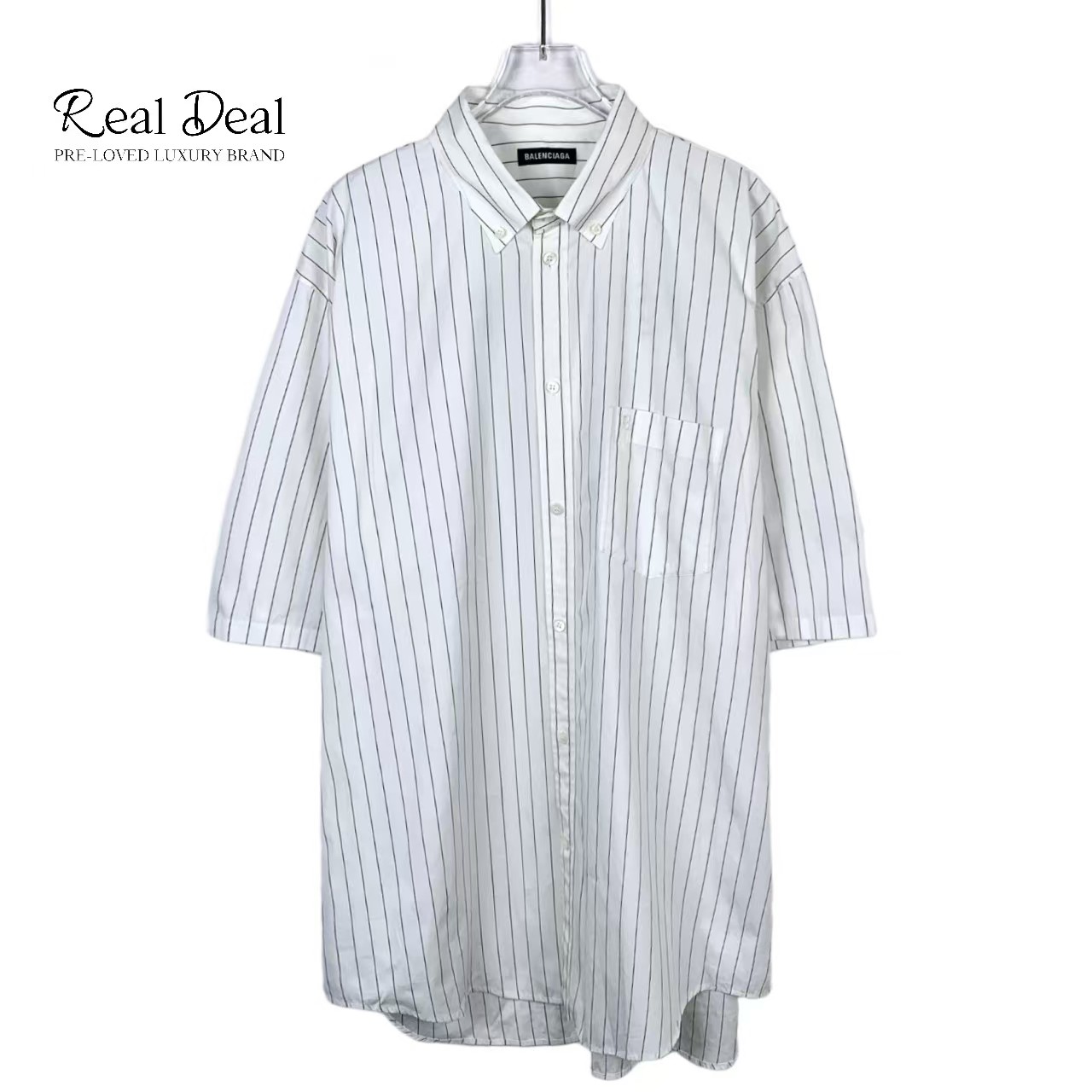 全新未使用 Balenciaga/巴黎世家 013178 印花条纹白色衬衫 40码