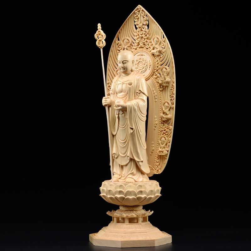 桧木雕刻九华山地藏王菩萨佛像摆件实木家居木雕装饰品客厅工艺品