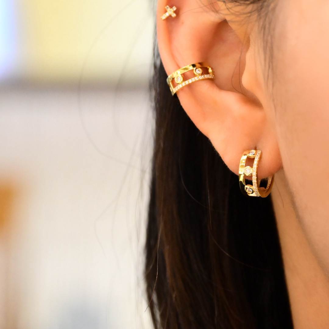 【JSZ】18k金天然钻石双排耳扣，耳夹，时尚大气又百搭