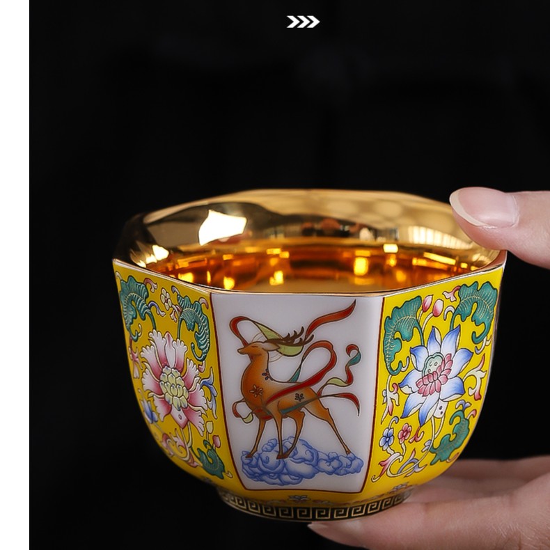 鎏金八方来财彩绘主人杯茶杯家用创意禅意金边品茗杯大师