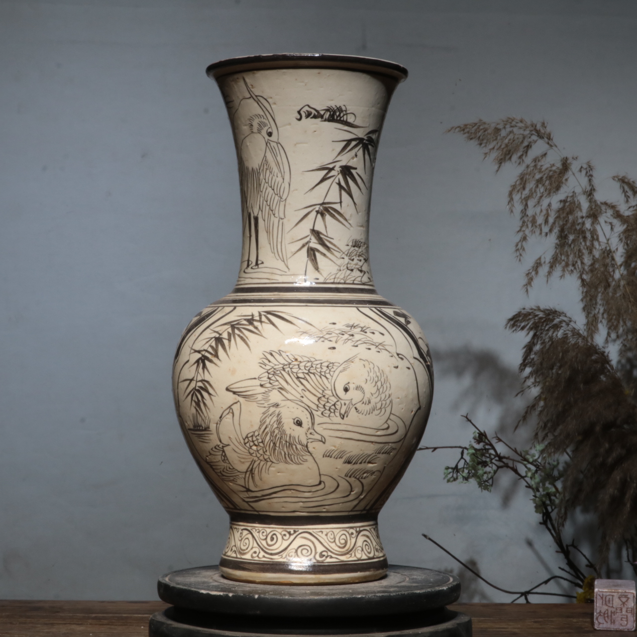 精品收藏级当阳峪窑绘画鸳鸯戏水赏瓶中式玄关家居陶瓷摆古瓷观赏