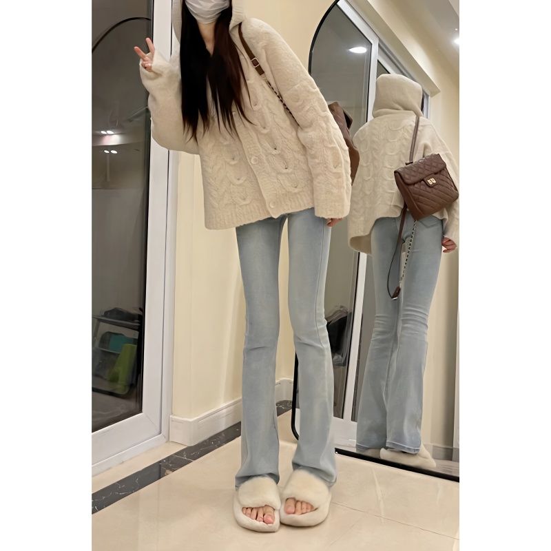 蓝色加长版微喇叭牛仔裤女春秋2024新款高腰弹力修身显瘦拖地裤子