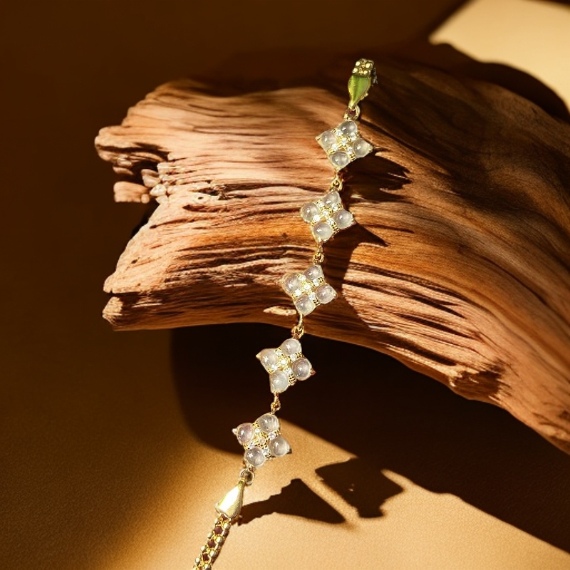 【小九推荐】天然翡翠S925银镶嵌白冰时尚简约经典长款四叶手链