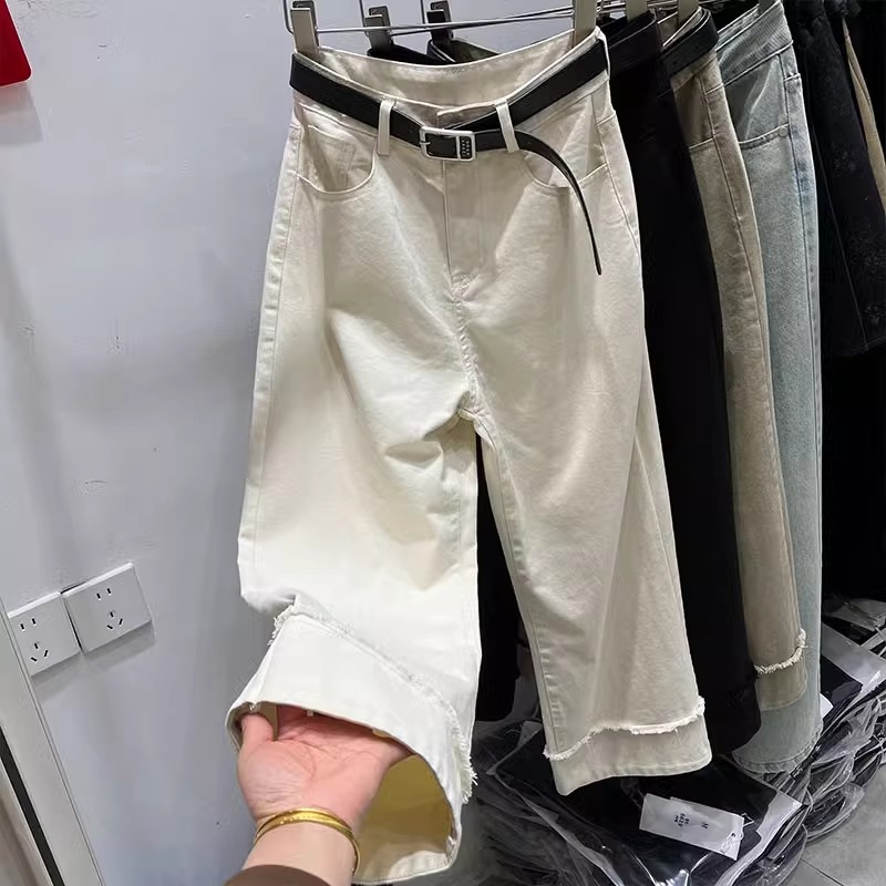 梨型身材高腰阔腿裤秋季新款卷边直筒裤子大码显瘦九分裤牛仔裤女