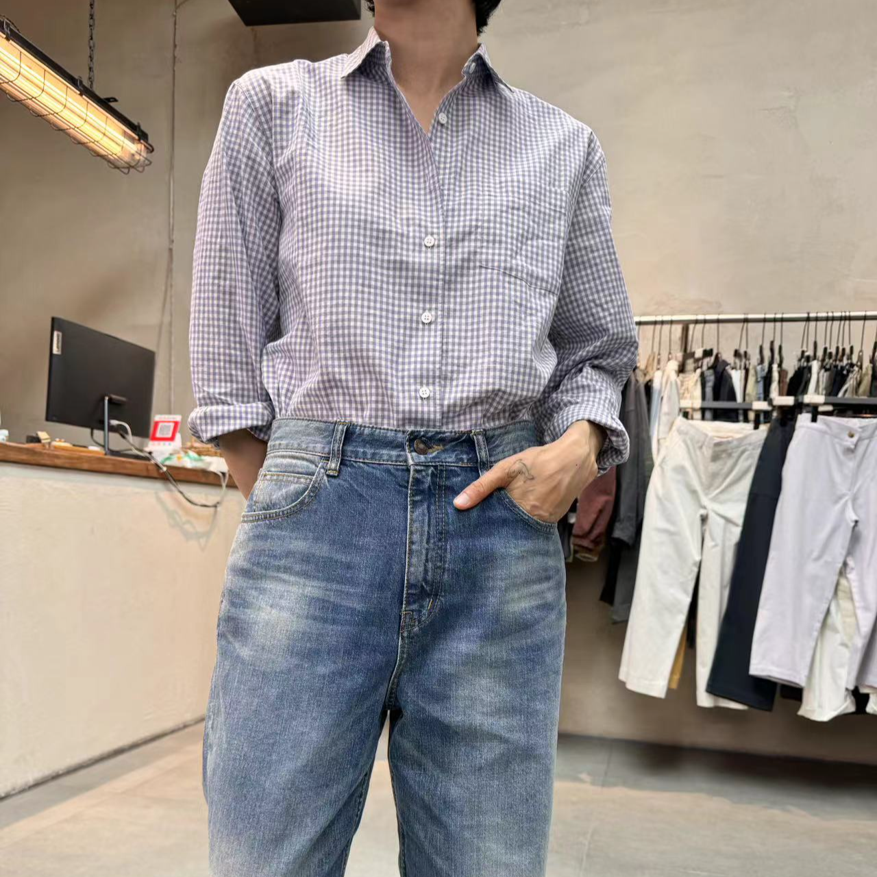 韩国进口格子休闲衬衫