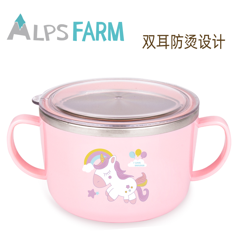 BEEDINGKA韩式款小学生防摔316不锈钢卡通带盖防烫儿童双把手汤碗