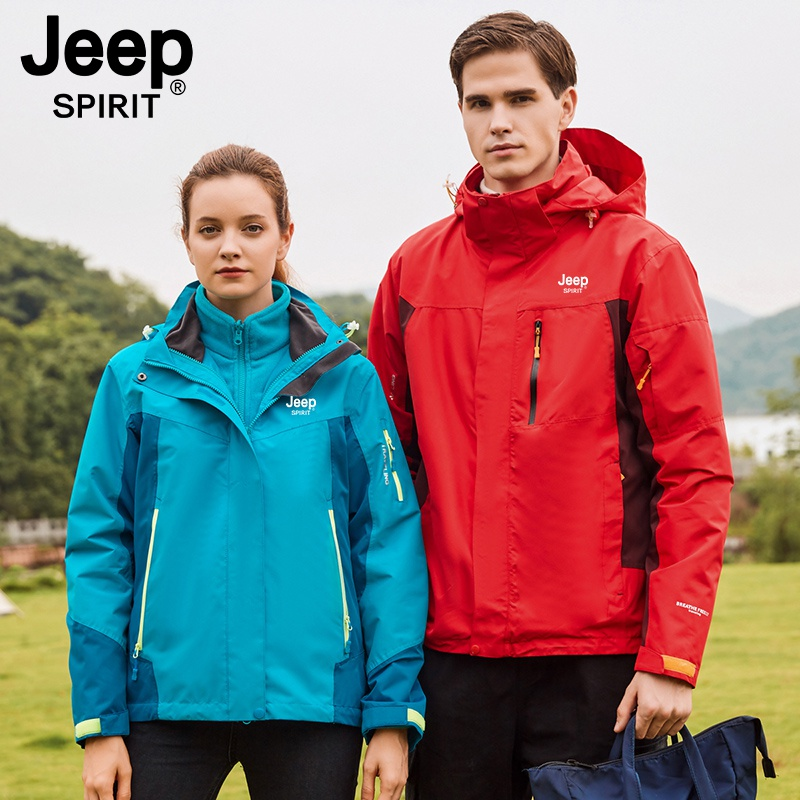 JEEPSPIRIT冲锋衣男三合一两件套抓绒内胆保暖情侣登山旅游外套