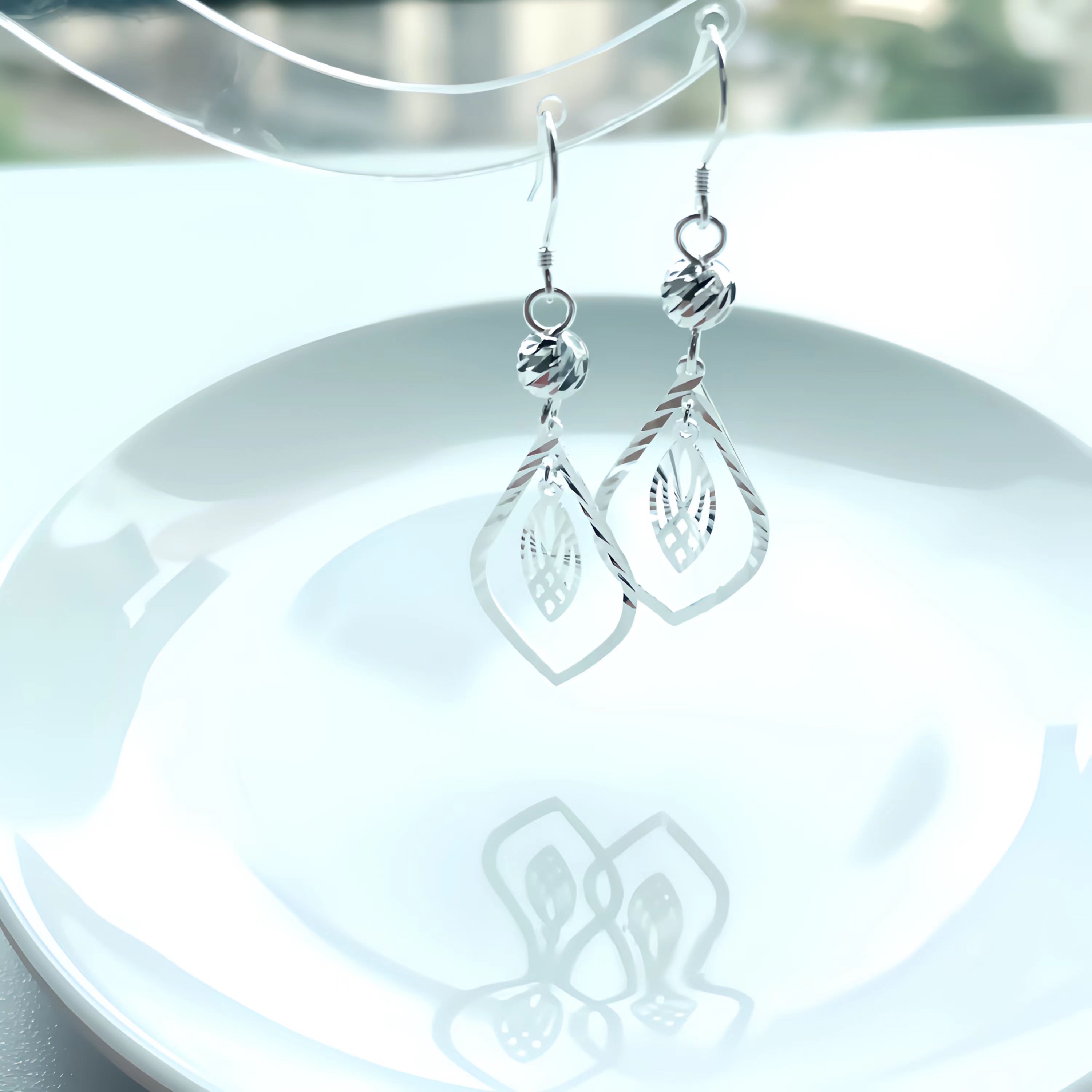 足银耳饰 叶子圆珠车花耳钩个性百搭手工轻奢纯银防过敏礼物简约