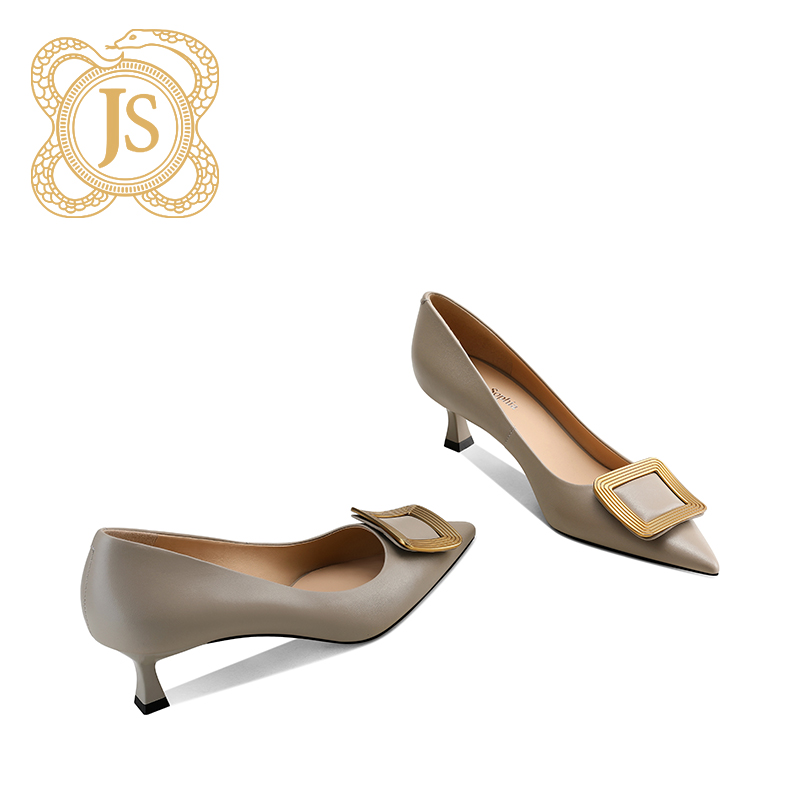 已开价，ZQJ505-9气质百搭女士黑色细跟尖头浅口跟鞋春季方扣春季 