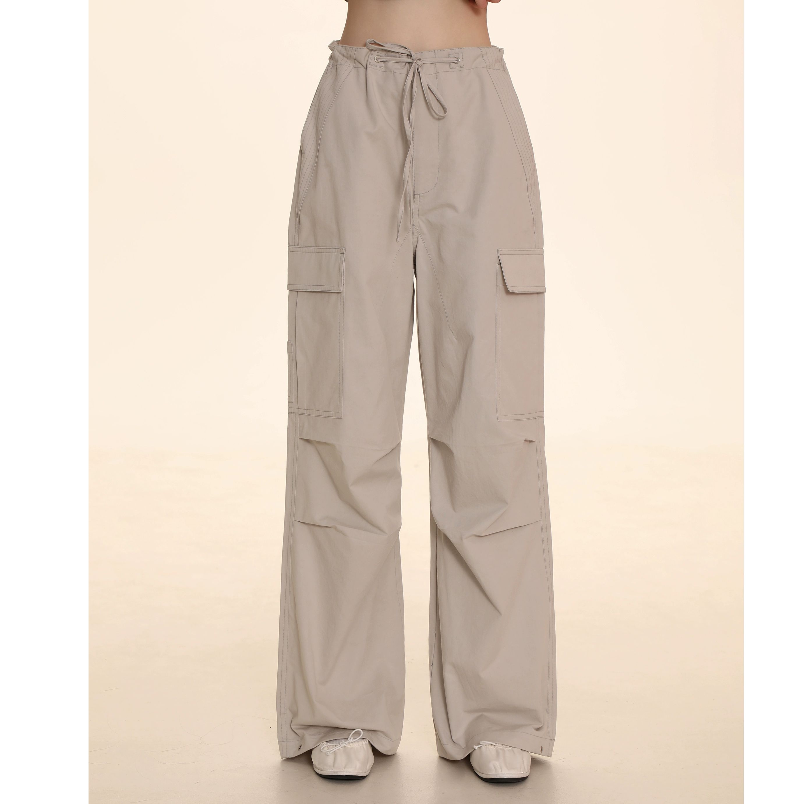 Moromoro双口袋抽绳可束脚宽松工装裤女美式复古高腰拖地休闲裤子