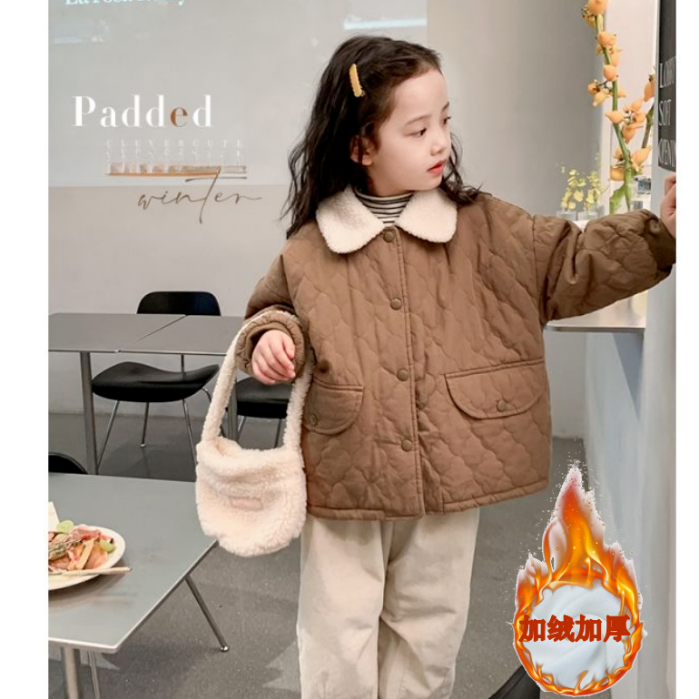 女童冬季棉服外套2023新款女童洋气加绒加厚棉服韩系慵懒棉小香风