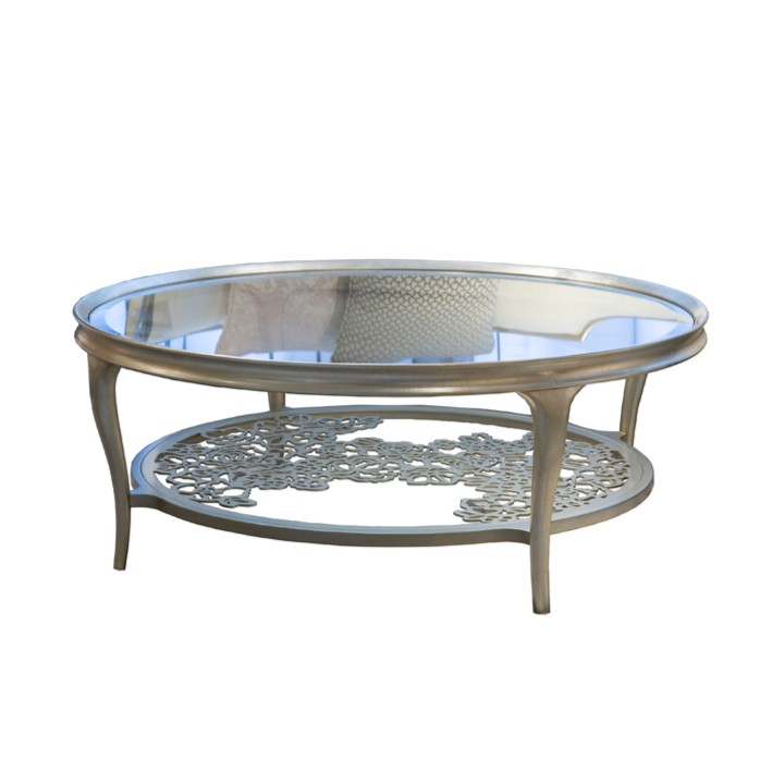 法思哲美式轻奢客厅实木圆形玻璃茶几，镂空美式轻奢玫瑰圆茶几。