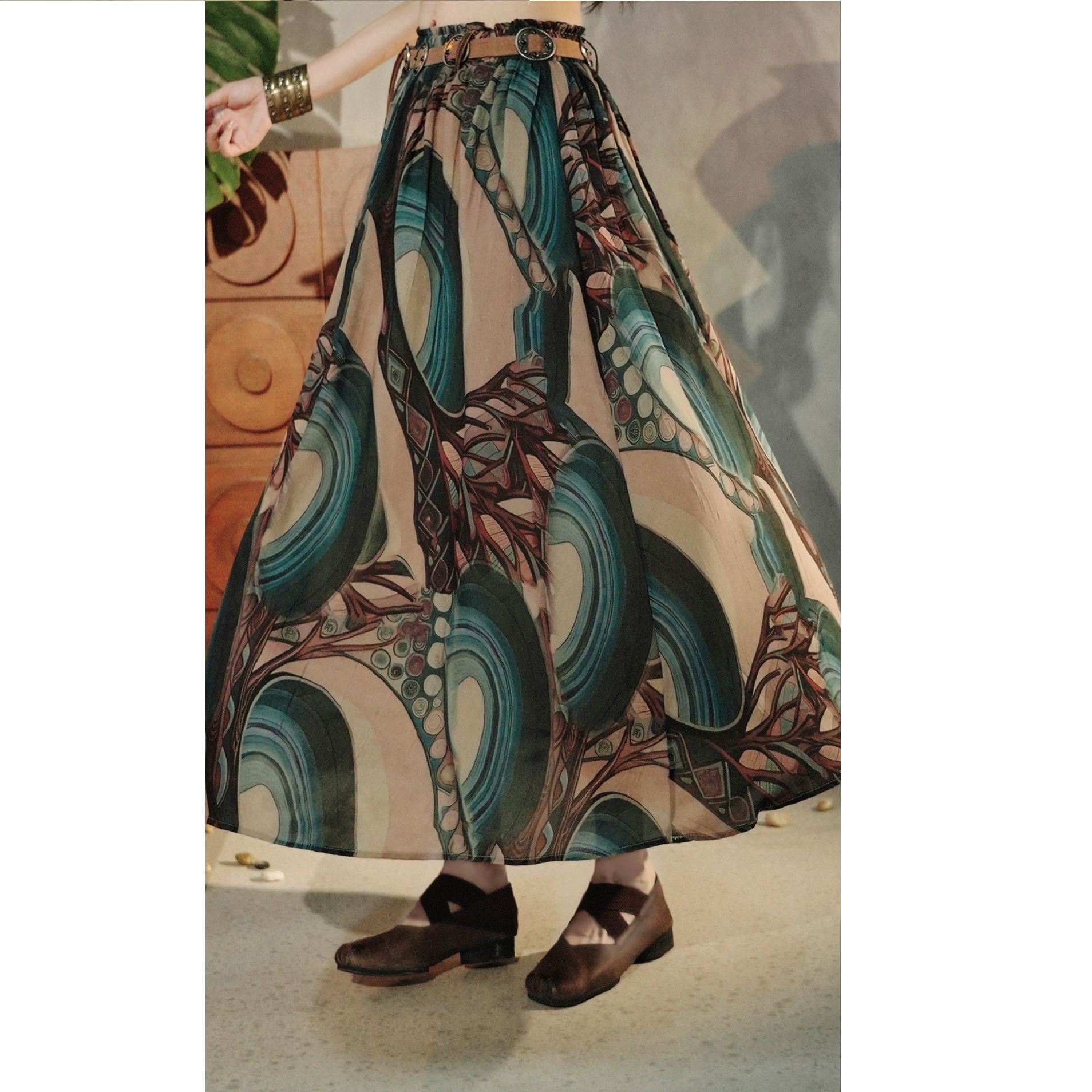 娜三月［飞鸟和蝉］飘逸调性夏款扎染水墨画半裙98139