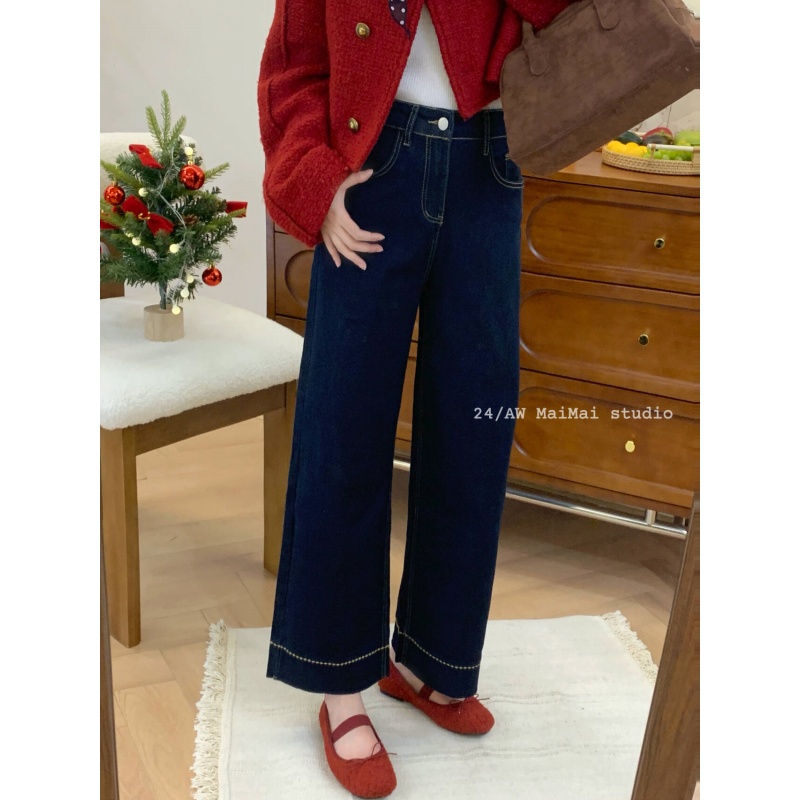 保暖藏肉神裤~秋冬加绒小个子弹力遮胯显瘦百搭九分牛仔直筒裤