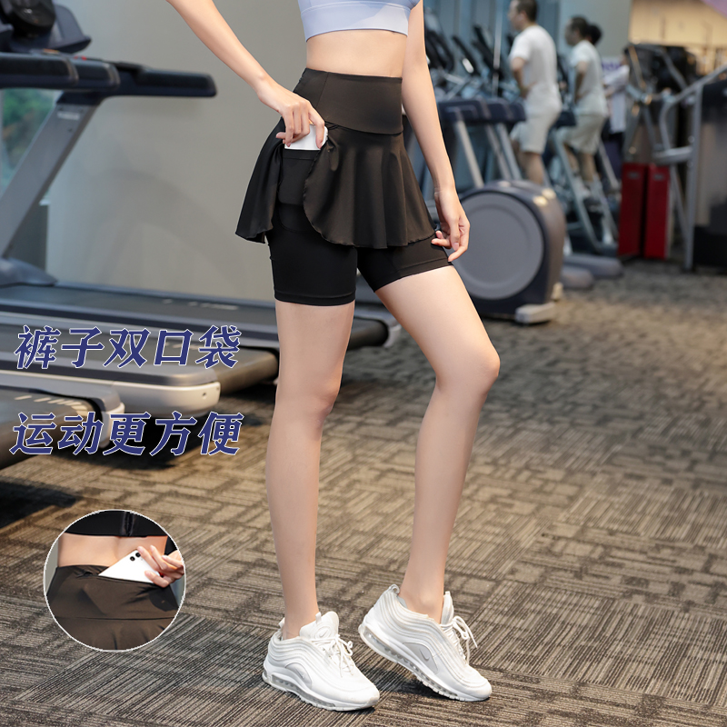 夏季胖mm大码高腰假两件运动健身房女跑步速干瑜伽五分防走光短裤