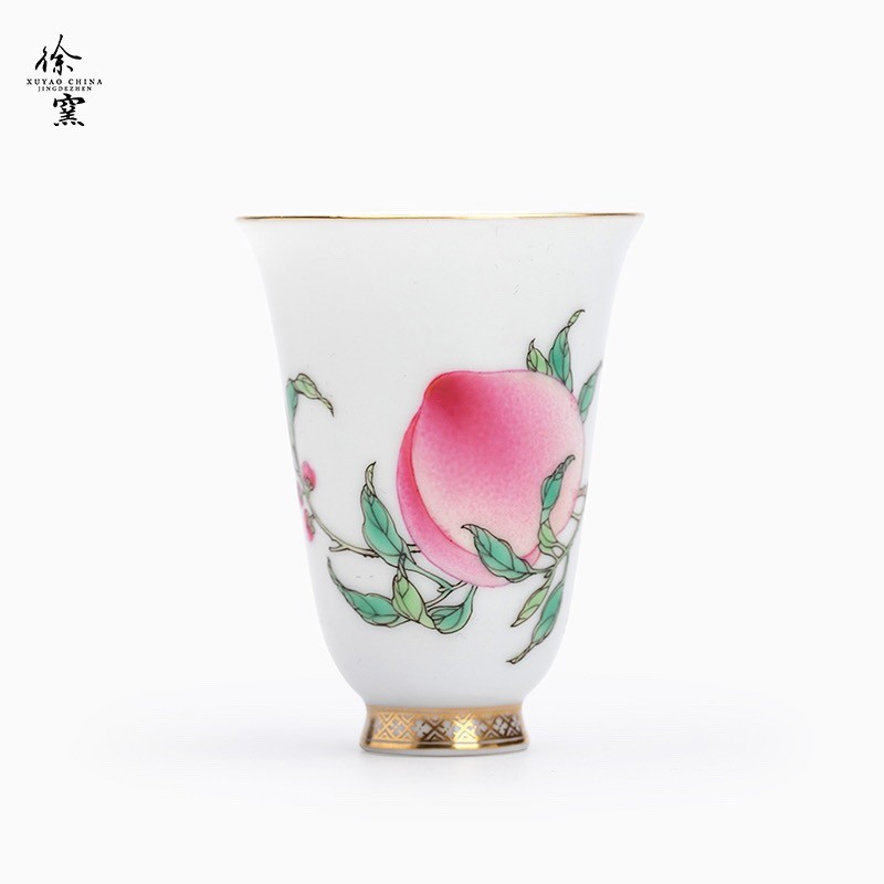 徐窑粉彩描金一桃闻香杯手工手绘主人杯陶瓷茶杯(联系后台福利)