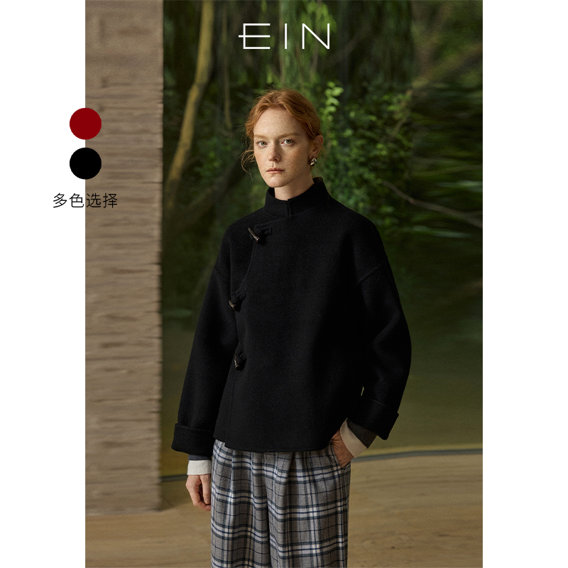 EIN/言安可拉中式绵羊毛立绒牛角扣斜襟双面呢大衣2024秋冬新款