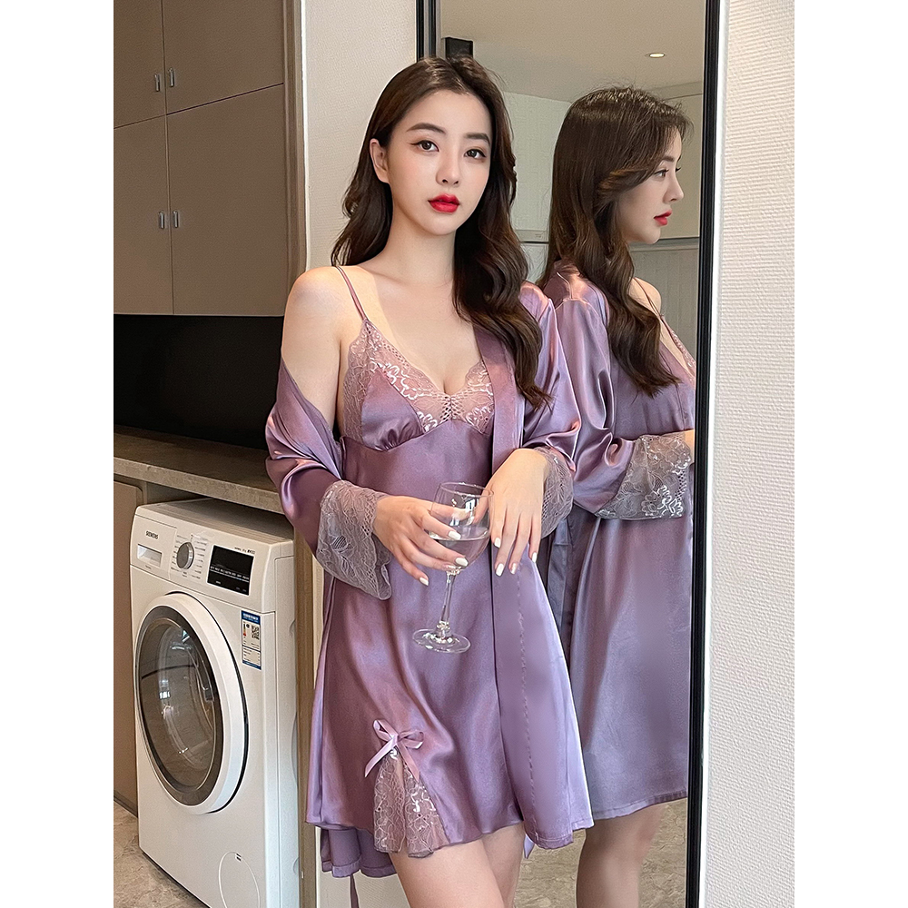性感睡衣女夏季冰丝薄款蕾丝2025年新款纯欲风吊带睡裙袍两件套装