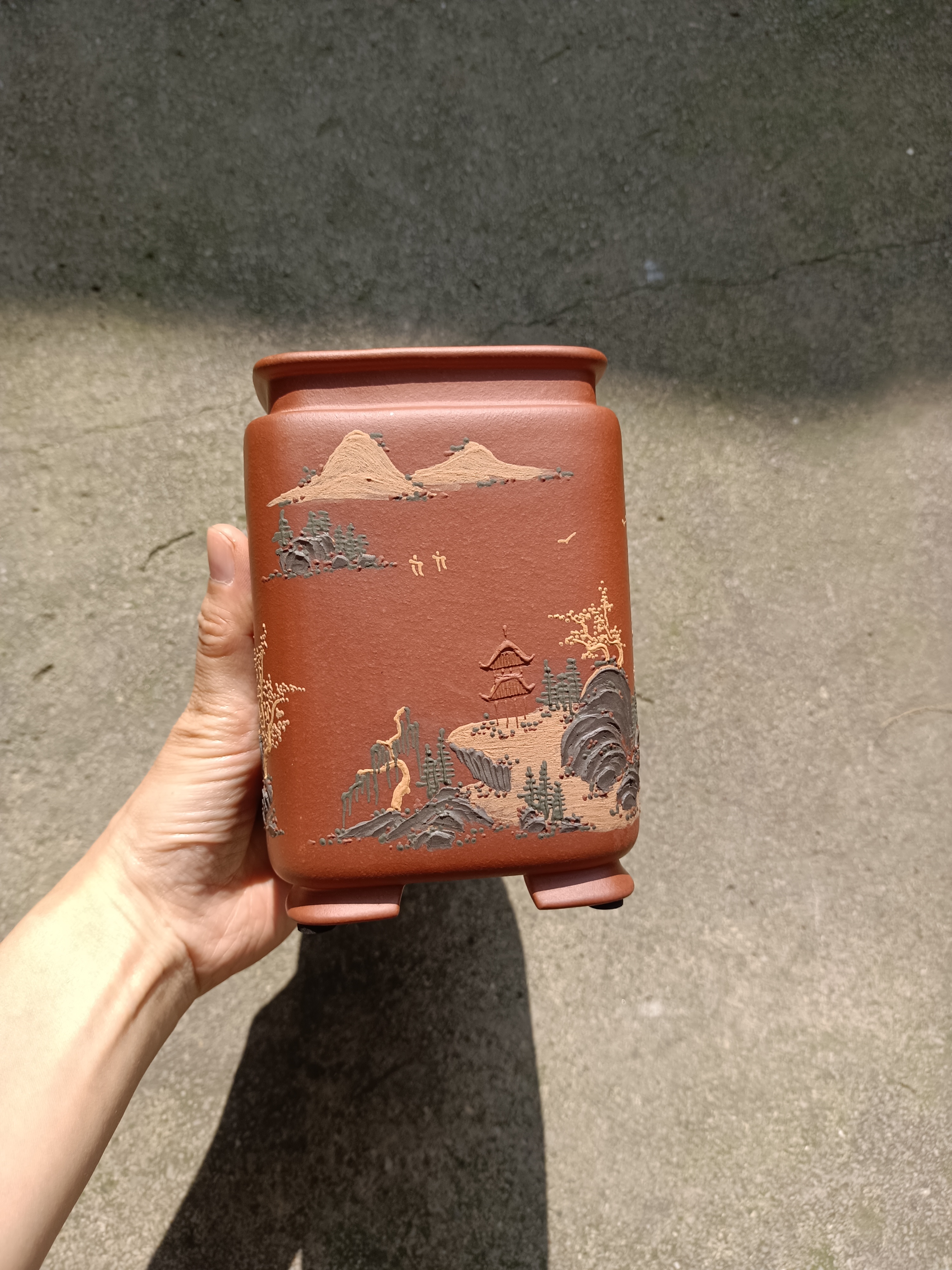 宜兴精品紫砂花盆泥绘束口小四方签筒兰花盆悬崖临水盆景盆清水泥