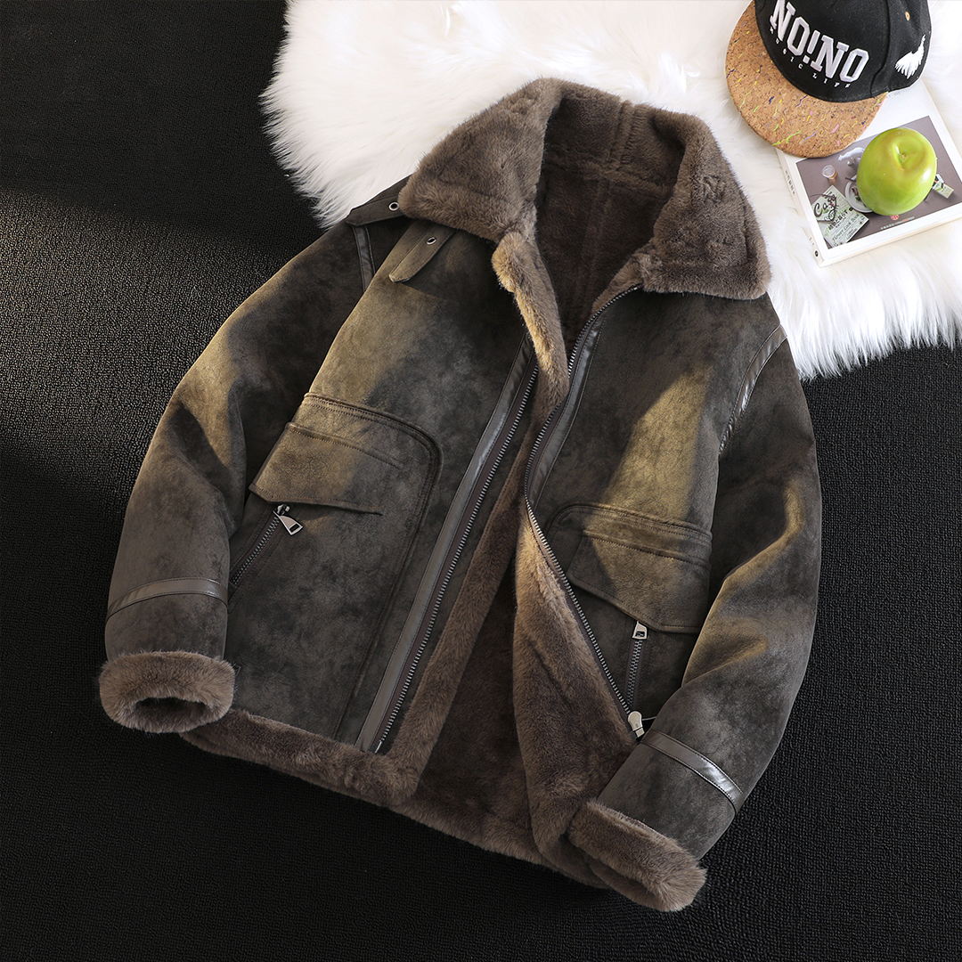 老钱风25冬季轻奢加绒加厚皮夹克男皮毛一体外套宽松机车服潮保暖