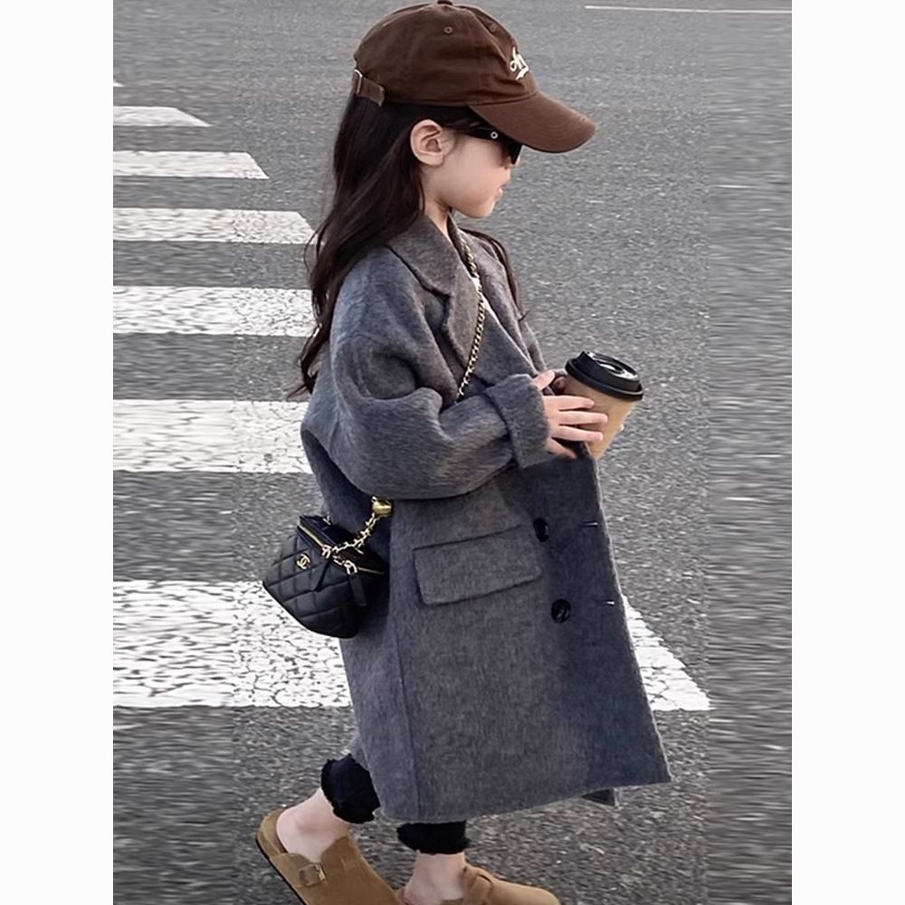 巴啦啦吧荐2024新品韩版时髦中长款呢子大衣中大童保暖西装领毛龙