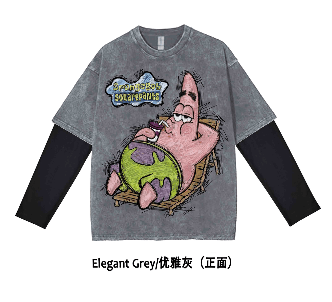 【长袖-派大星】oversize洗水做旧宽松纯棉手绘长袖T恤上衣假两件