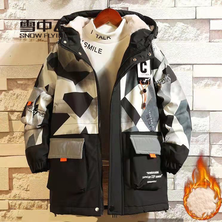 雪中飞羽绒服男童加绒外套新款中大童洋气加绒加厚羽绒衣时髦