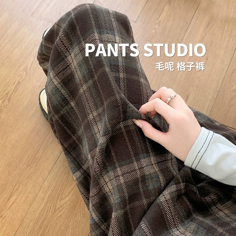 复古格子裤女毛呢阔腿裤秋冬加绒加厚高腰垂感显瘦宽松休闲直筒裤