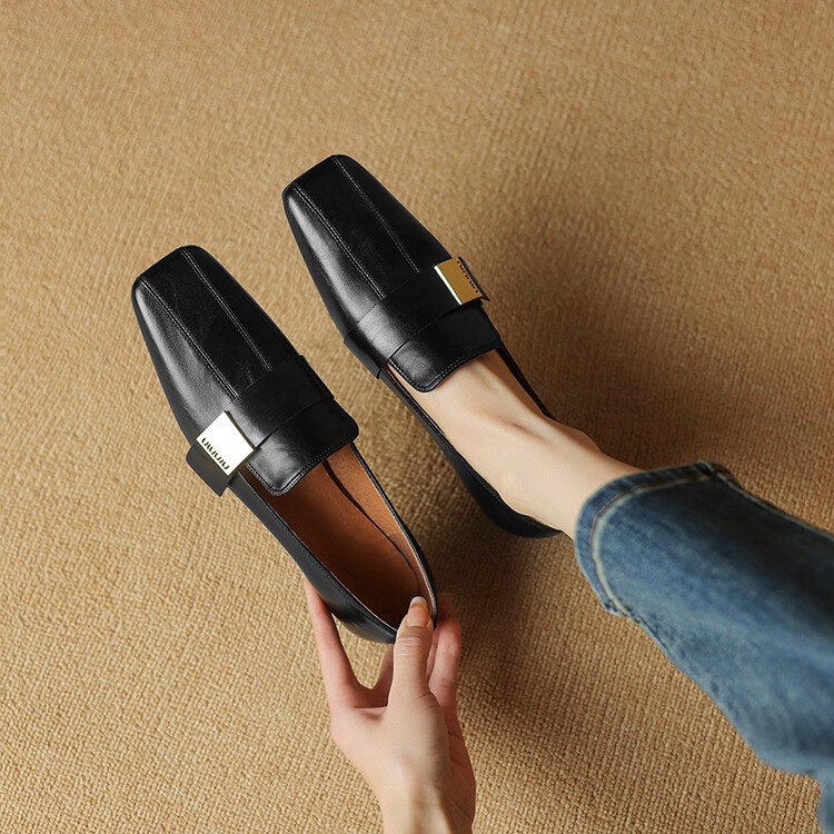 【Fashion】牛皮/跟高2CM/方头女鞋真皮时尚英伦风休闲豆豆小皮鞋潮